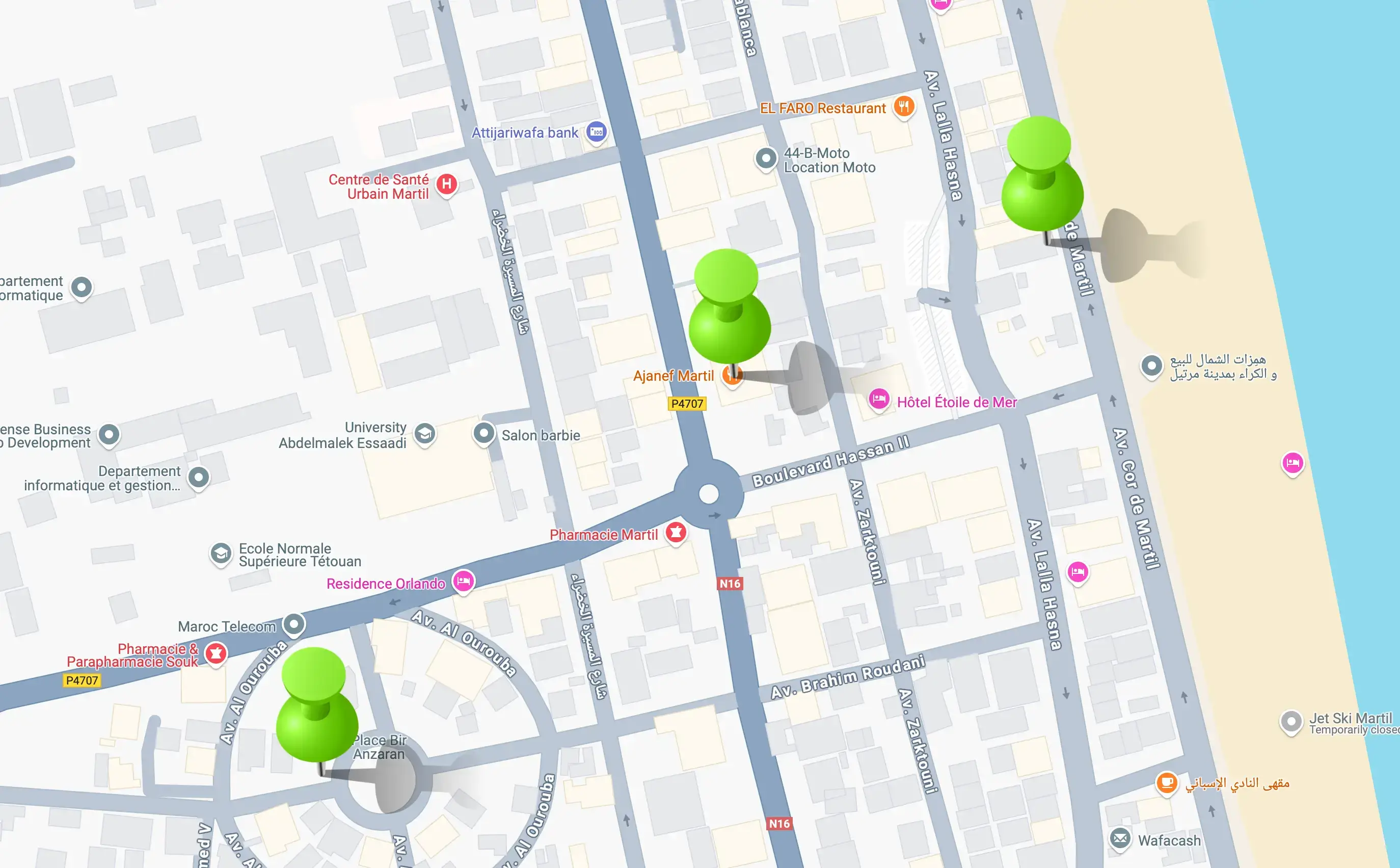 Mini-carte illustrant les espaces de coworking répertoriés à Martil
